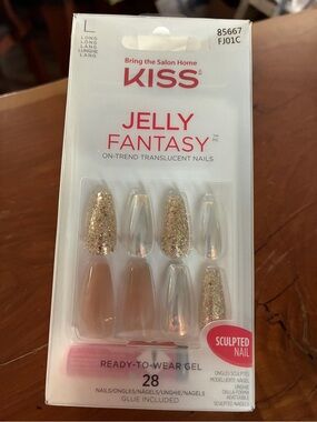KISS Jelly Fantasy Translucent Nude & Gold Glitter Press-On Nails